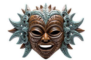 A mask with a smiling face and a blue and brown design. The mask is made of wood and has a feathery look to it png