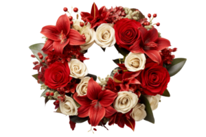 A wreath of red and white flowers with a white rose in the center png