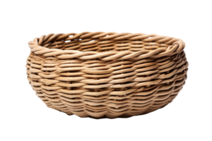 A close-up image of an empty woven wicker basket with intricate design, ideal for home decor, storage, or rustic themed settings. png