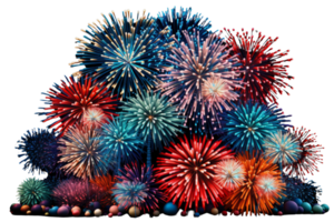 A bunch of fireworks are lit up in the sky. The fireworks are in different colors and sizes. The fireworks are arranged in a way that they look like a big, colorful bouquet png