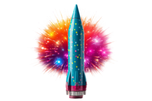 A blue rocket with a red and purple firework in the background. The rocket is surrounded by a colorful explosion of sparks png