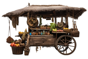 A wooden cart with a thatched roof is filled with fruits and vegetables. The cart is old and has a rustic appearance png