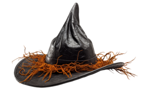 Black witch hat with orange trim, perfect for Halloween costume or decor. High resolution image on isolated transparent background. png