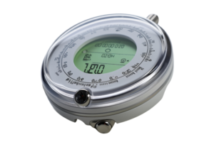 High-resolution image of a digital barometer with a round dial, displaying weather data and pressure readings on a clear LCD screen. png