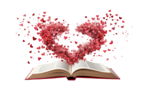 Open book with pages forming a heart shape, filled with pink blossoms, symbolizing romance, love, and literature. png
