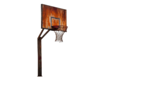 A rusty basketball hoop with a net. The image has a vintage feel to it png