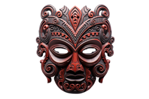 A wooden mask with a red face and black eyes. The mask is carved with intricate designs and has a tribal look to it png