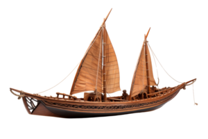 Detailed model of a traditional sailing boat with brown sails and intricate designs, isolated on a transparent background. png