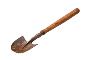 A rusty old shovel with a wooden handle. The shovel is bent and has a worn appearance. Concept of nostalgia and the passage of time png