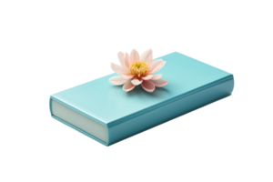 A blue book with a pink flower on top. The flower is a lily and it is placed on the book png