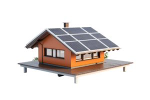 A small orange house with a slanted roof and a chimney. The roof is covered with solar panels png
