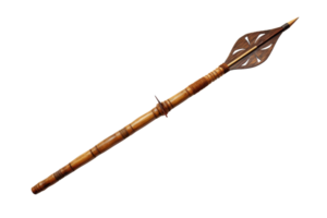 A long wooden spear with a pointed end. The spear is brown and has a design on it png