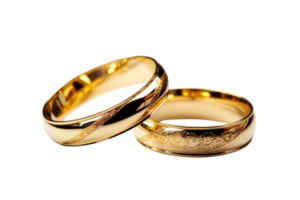 Two gold wedding rings with a design on them. The rings are placed next to each other. The rings are shiny and look like they are made of gold png