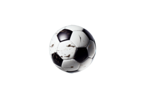 A dirty soccer ball with black and white stripes. The ball is worn and has a worn look to it png