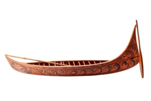 A wooden boat with a paddle on the end. The boat is decorated with intricate designs and patterns png