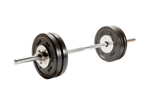 A pair of dumbbells with a black and silver finish. The dumbbells are in a row and are the size of a standard dumbbell png