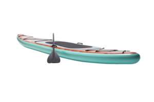 A green and brown surfboard with a black paddle on the side. The paddle is attached to the board and is ready to be used png