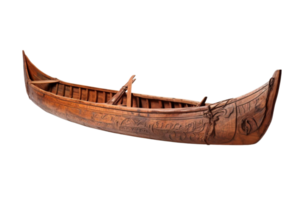 A wooden boat with a carved design on the side. The boat is old and has a rustic appearance png