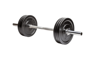 A black and silver dumbbell with a silver bar. The dumbbell is made of metal and has a silver handle png