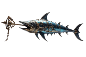 A large, metallic fish with a sword in its mouth. The fish is surrounded by chains, giving it a menacing appearance png