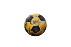 A soccer ball with a yellow and black pattern. The ball is old and worn, with a few cracks and scratches png