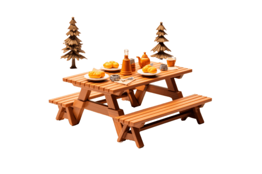 un' di legno picnic tavolo con un' panchina e un' pochi alberi nel il sfondo. il tavolo è impostato con piatti di cibo e un' tazza. scena è tranquillo, calmo e rilassante, come esso raffigura un' semplice all'aperto pasto png