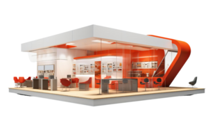 A large building with a white and orange exterior. The interior is filled with various chairs and tables, and there are several computers and TVs. Scene is that of a modern png
