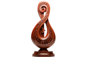 A wooden sculpture of a musical note with a curved shape. The sculpture is carved from wood and has a unique design png
