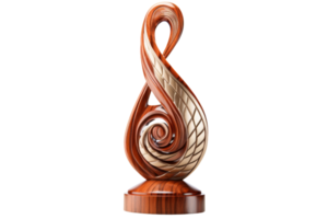 A wooden sculpture of a spiral with gold accents. The design of the sculpture is intricate and detailed, with a sense of movement and flow. The gold accents add a touch of elegance png