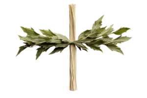 A cross made of dried leaves is tied to a stick png