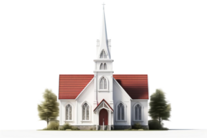 A white church with a red roof and a cross on top. The church is surrounded by trees and he is a peaceful and serene place png