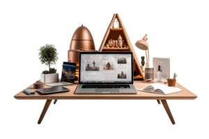 A laptop sits on a wooden desk with a variety of items including a potted plant, a book, a vase, and a lamp. The laptop is open to a webpage with a picture of a rocket on it png