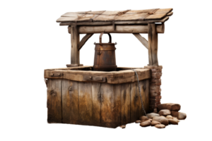A rusty old well with a chain hanging from it. The well is surrounded by rocks and has a wooden structure. Scene is old and rustic, with a sense of abandonment and decay png