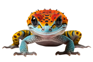 A colorful lizard with blue and yellow spots on its face. The lizard is smiling and looking at the camera png