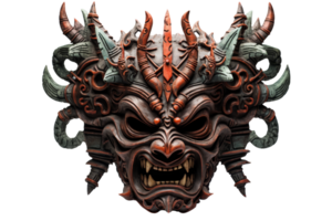 A scary looking mask with horns and teeth. The mask is red and black. It looks like it is from a horror movie png