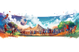 A colorful painting of people playing soccer with a ball in the air. The painting is full of energy and excitement, with people running and jumping around. The sky is filled with clouds png