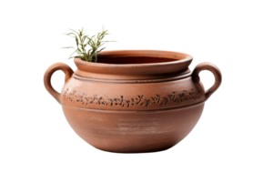 A large brown pot with a plant inside. The pot is decorated with a pattern and has a handle png