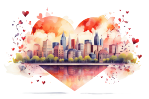 A heart with a city in the background. The city is full of buildings and trees. The heart is surrounded by a lot of love and affection png