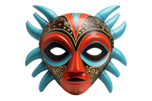 A mask with blue and red colors and a black nose. The mask has a spider-like design and is made of wood png