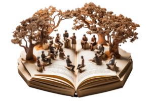 A group of people are sitting around a book, with trees in the background. The scene is peaceful and inviting, with the people looking at the book and enjoying each other's company png