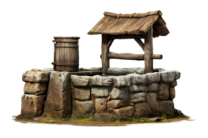 A stone well with a wooden barrel and a wooden roof. The well is surrounded by rocks and has a stone wall. The well is old and rustic, giving it a sense of history and charm png