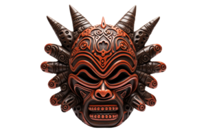 A brown mask with horns and a black face. The mask is decorated with gold and silver. The mask has a menacing look to it png