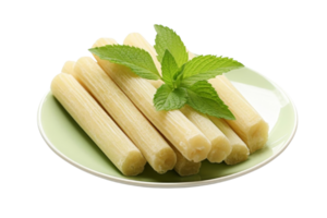 A plate of pasta with green leaves on top. The pasta is long and thin, and there are six of them on the plate png