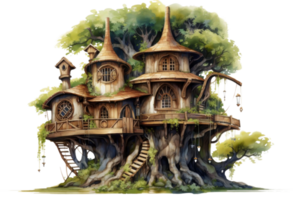 A tree house with a bird house on top. The house is made of wood and has a lot of windows png