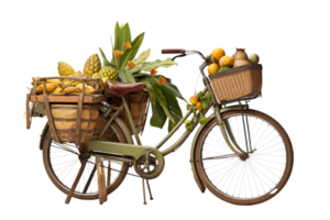 A bicycle is filled with fruit, including bananas, oranges, and pineapples. The bike is old and has a basket on the front png