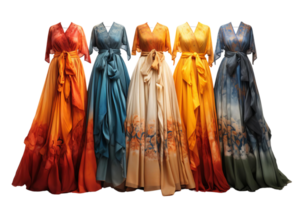 A row of five dresses with different colors and patterns. The dresses are all long and flowy, with one of them being a bright orange. The dresses are arranged in a row png