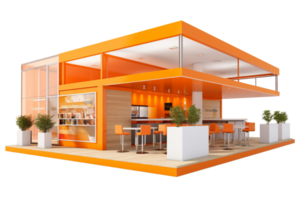 A large orange building with a lot of windows and a lot of seating. The building is designed to look like a restaurant or a cafe png