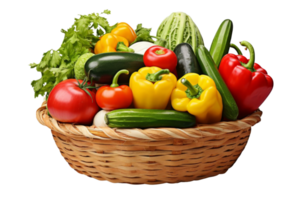 A basket full of vegetables including tomatoes, cucumbers, peppers, and zucchini. The basket is overflowing with a variety of colorful vegetables, creating a vibrant and healthy atmosphere png