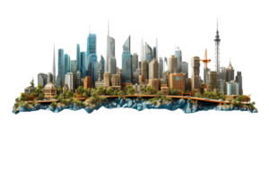 A cityscape with a tall building in the middle and a bridge in the foreground. The city is full of life and energy png
