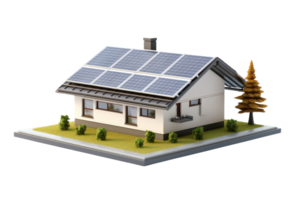 A house with a solar panel on the roof. The house is white and has a green tree in front of it png